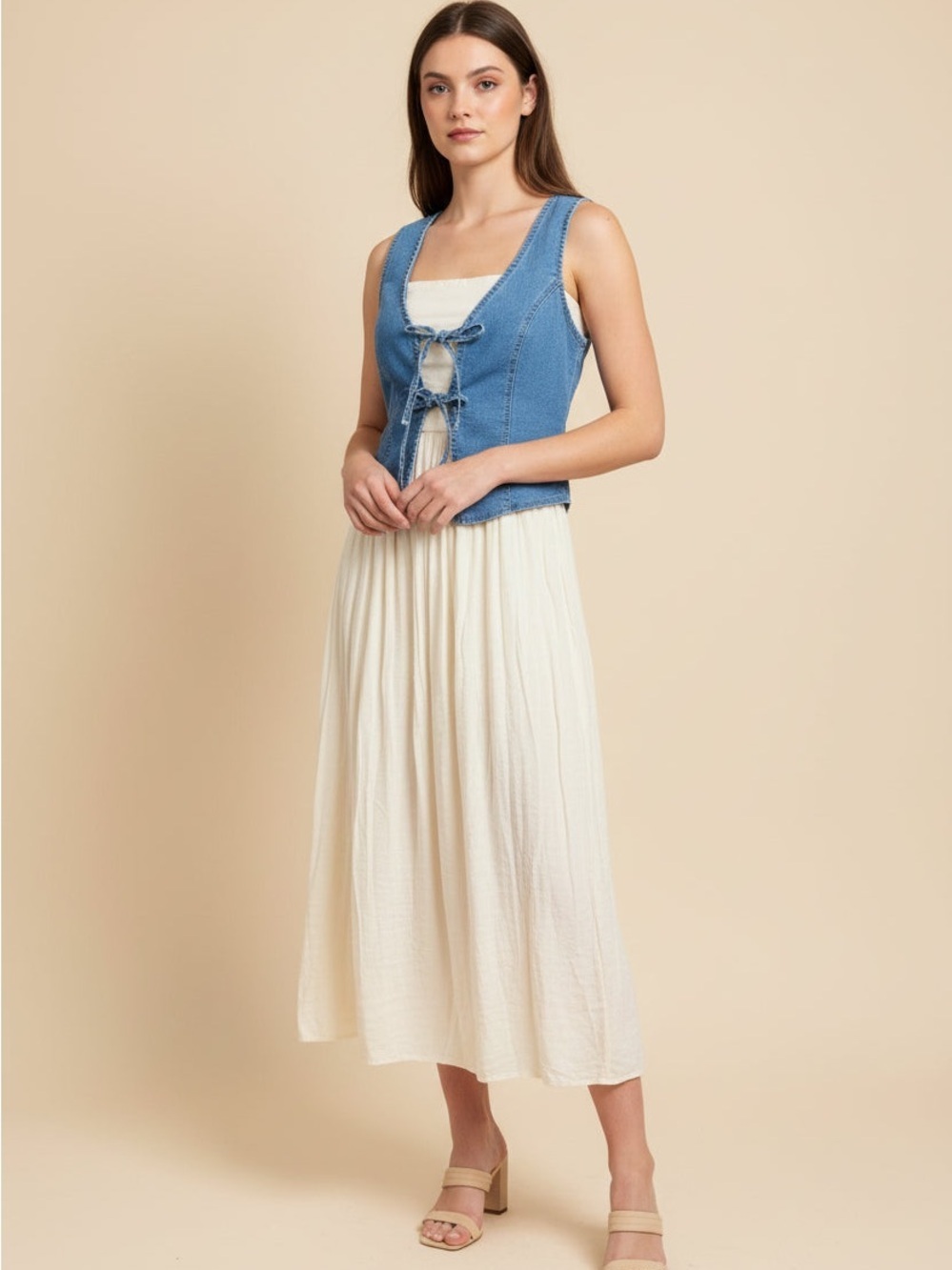Blue Denim Tie-Front Vest with Cream Maxi Skirt - Unknown Brand